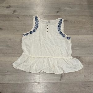 White SleeveleTop with Blue Embroidery